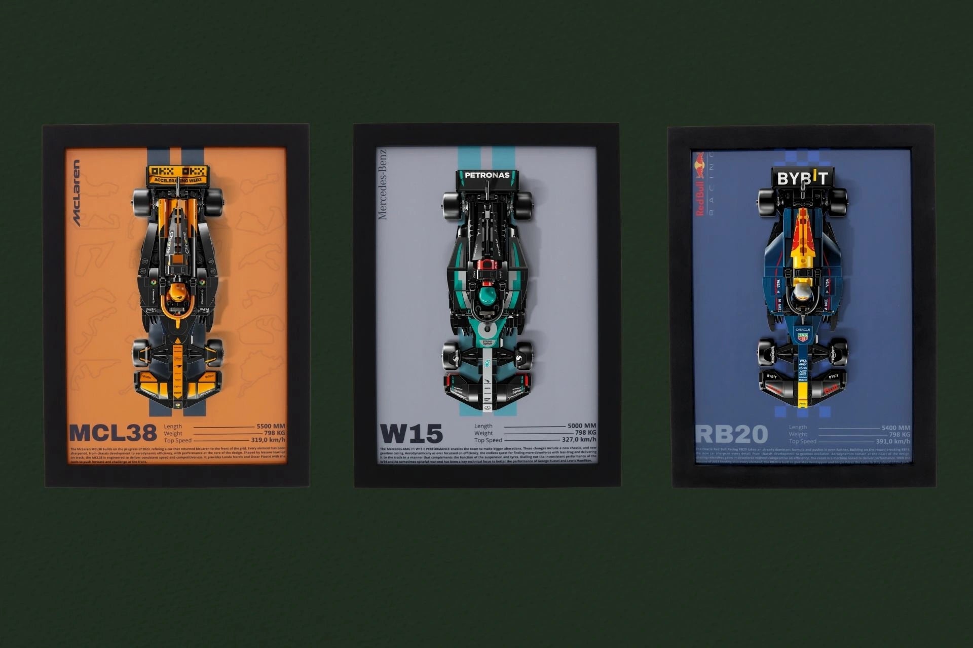 Drie Liint wanddisplays voor LEGO F1 auto's; de ultieme muurbevestiging voor een LEGO racecollectie.